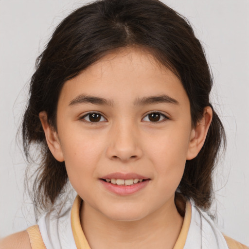 Joyful white child female with medium  brown hair and brown eyes