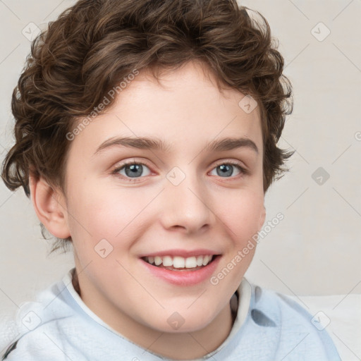 Joyful white child female with short  brown hair and blue eyes