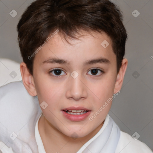 Joyful white child male with short  brown hair and brown eyes