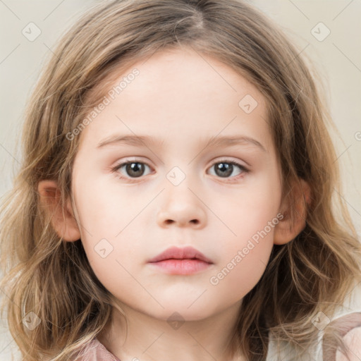 Neutral white child female with medium  brown hair and blue eyes