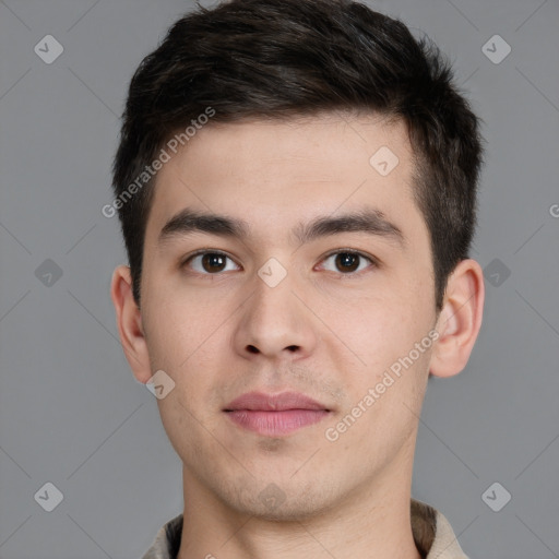 Neutral white young-adult male with short  brown hair and brown eyes