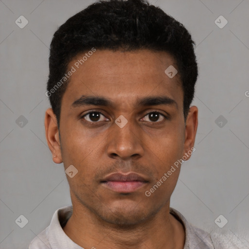 Neutral latino young-adult male with short  black hair and brown eyes