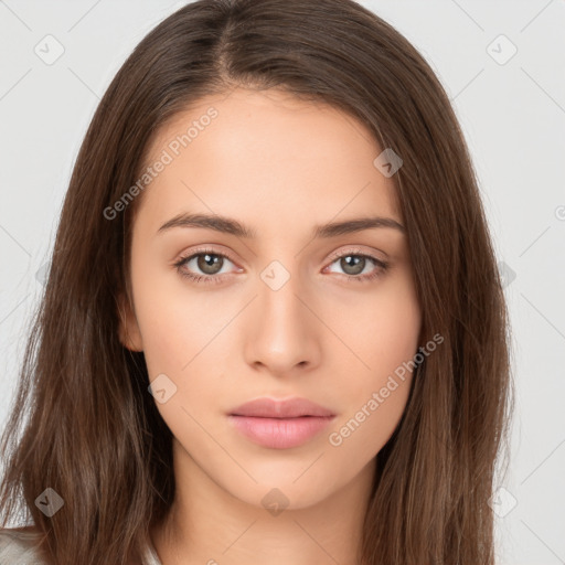 Neutral white young-adult female with long  brown hair and brown eyes