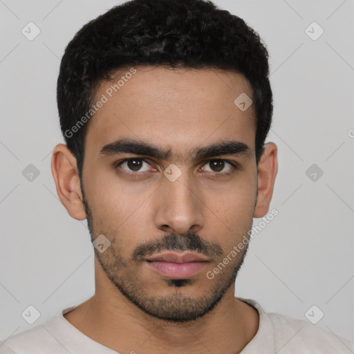 Neutral latino young-adult male with short  black hair and brown eyes