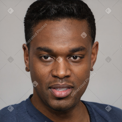 Neutral black young-adult male with short  black hair and brown eyes