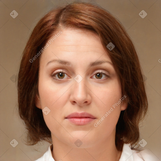 Neutral white young-adult female with medium  brown hair and brown eyes