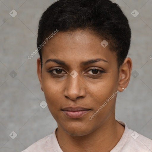 Joyful black young-adult female with short  brown hair and brown eyes