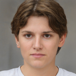 Neutral white young-adult female with short  brown hair and brown eyes