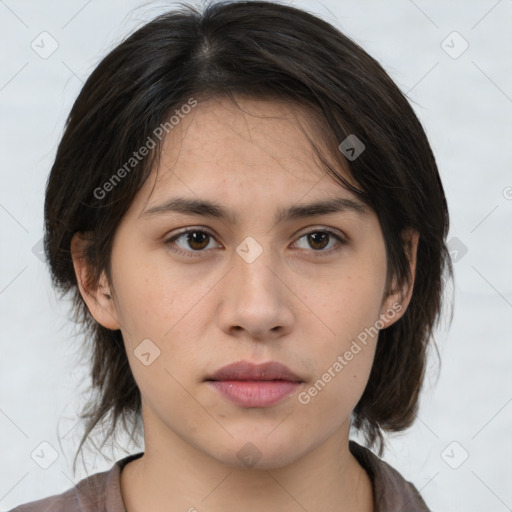 Neutral white young-adult female with medium  brown hair and brown eyes