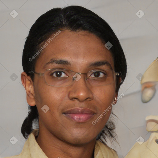 Joyful asian adult female with medium  brown hair and brown eyes