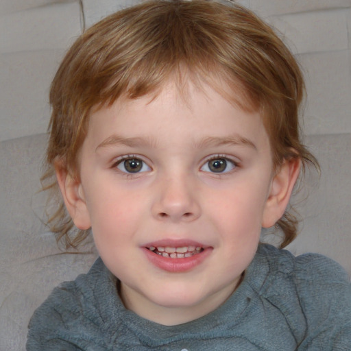 Joyful white child female with medium  brown hair and blue eyes