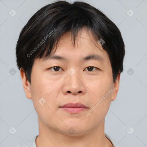 Neutral asian young-adult male with short  brown hair and brown eyes