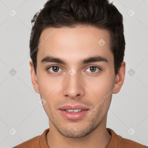 Neutral white young-adult male with short  brown hair and brown eyes