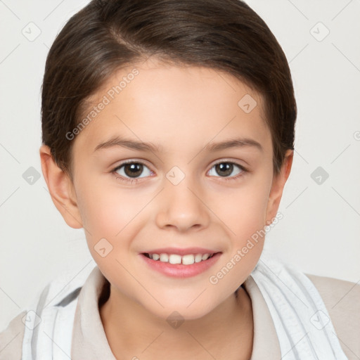 Joyful white child female with short  brown hair and brown eyes