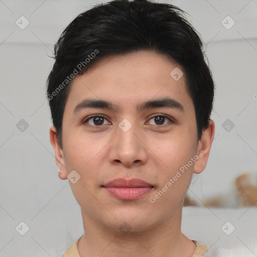 Joyful asian young-adult male with short  black hair and brown eyes