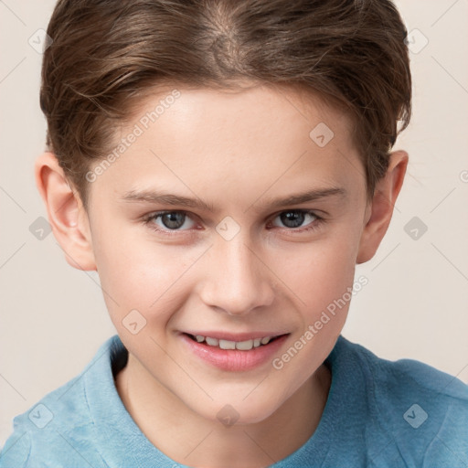 Joyful white child female with short  brown hair and brown eyes