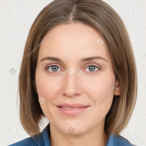 Joyful white young-adult female with medium  brown hair and blue eyes