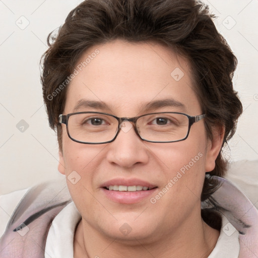 Joyful white young-adult female with medium  brown hair and blue eyes