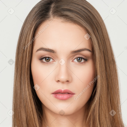 Neutral white young-adult female with long  brown hair and brown eyes