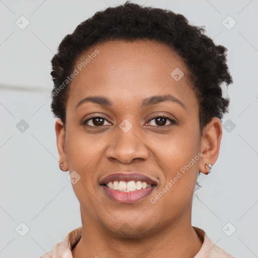 Joyful latino young-adult female with short  brown hair and brown eyes