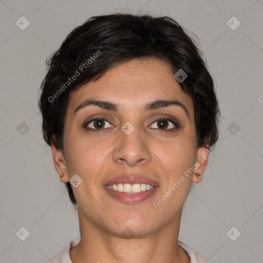 Joyful white young-adult female with short  brown hair and brown eyes