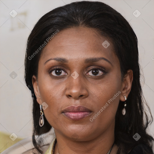 Joyful latino adult female with long  brown hair and brown eyes
