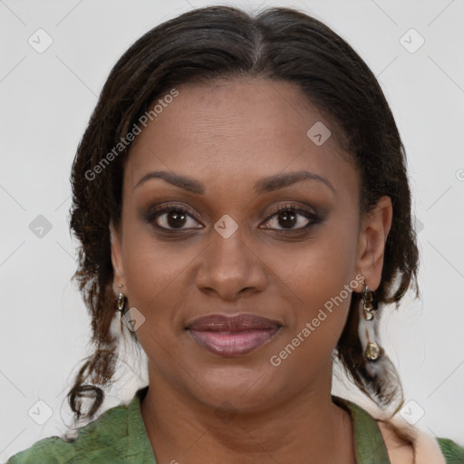 Joyful black young-adult female with medium  brown hair and brown eyes