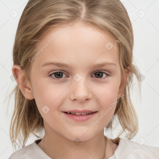 Joyful white child female with medium  brown hair and brown eyes