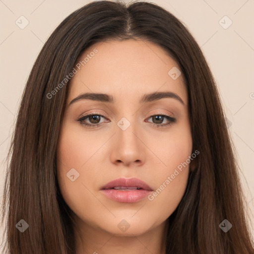 Neutral white young-adult female with long  brown hair and brown eyes