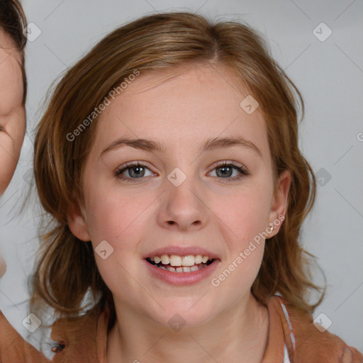 Joyful white young-adult female with medium  brown hair and blue eyes