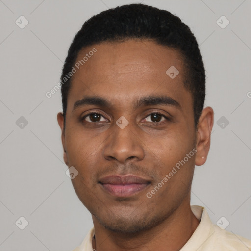 Neutral black young-adult male with short  black hair and brown eyes