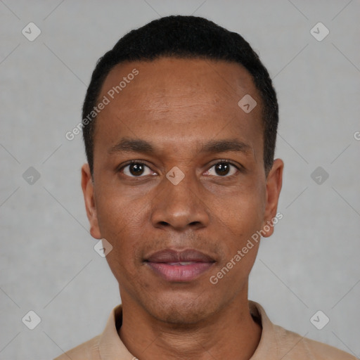 Neutral black young-adult male with short  black hair and brown eyes