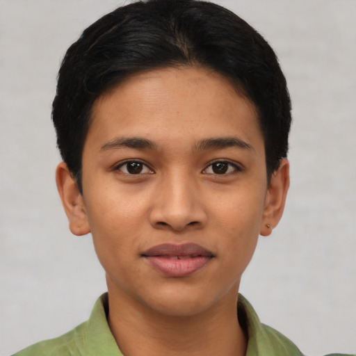 Joyful asian young-adult female with short  brown hair and brown eyes