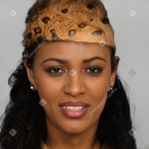 Joyful black young-adult female with long  brown hair and brown eyes