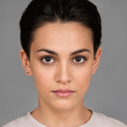 Neutral white young-adult female with short  brown hair and brown eyes