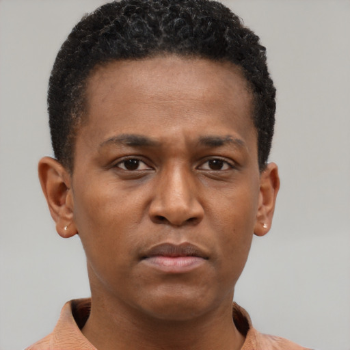Neutral black young-adult male with short  brown hair and brown eyes