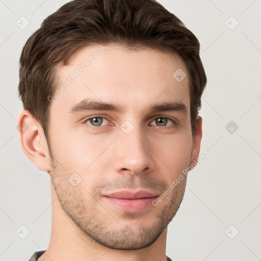 Neutral white young-adult male with short  brown hair and grey eyes