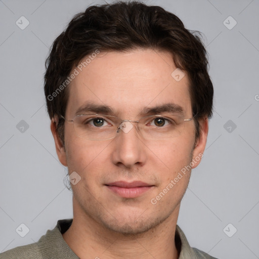 Neutral white young-adult male with short  brown hair and grey eyes