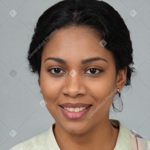 Joyful asian young-adult female with medium  black hair and brown eyes