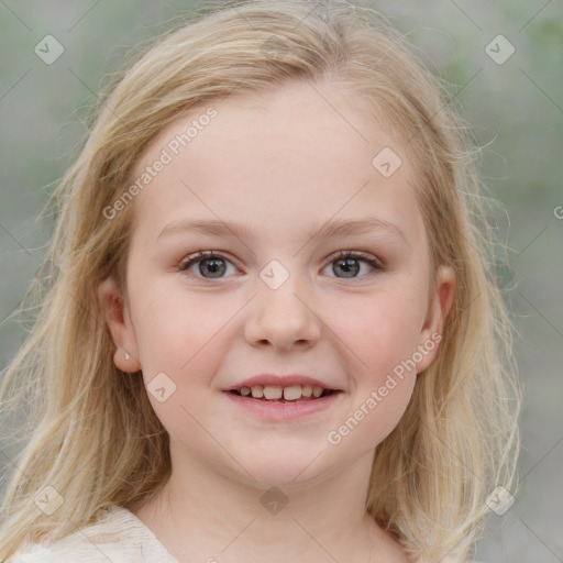 Joyful white child female with medium  brown hair and blue eyes