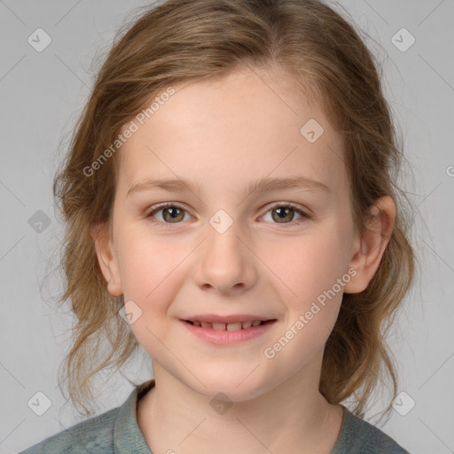 Joyful white child female with medium  brown hair and grey eyes