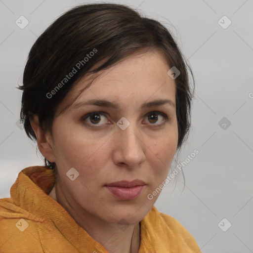 Neutral white young-adult female with medium  brown hair and brown eyes