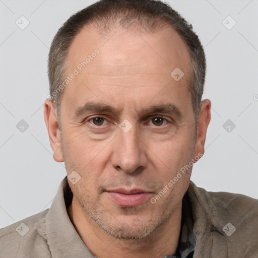 Neutral white adult male with short  brown hair and brown eyes