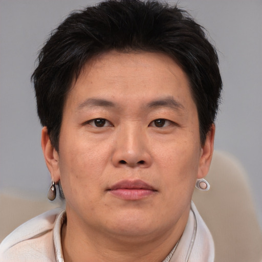 Neutral asian adult male with short  brown hair and brown eyes