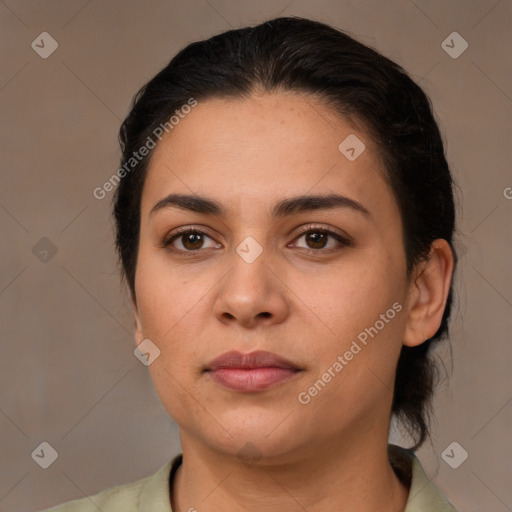 Neutral latino young-adult female with medium  brown hair and brown eyes