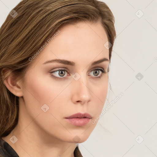 Neutral white young-adult female with long  brown hair and grey eyes