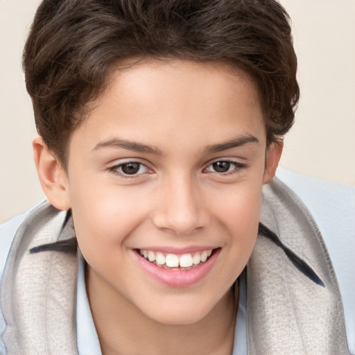 Joyful white child female with short  brown hair and brown eyes