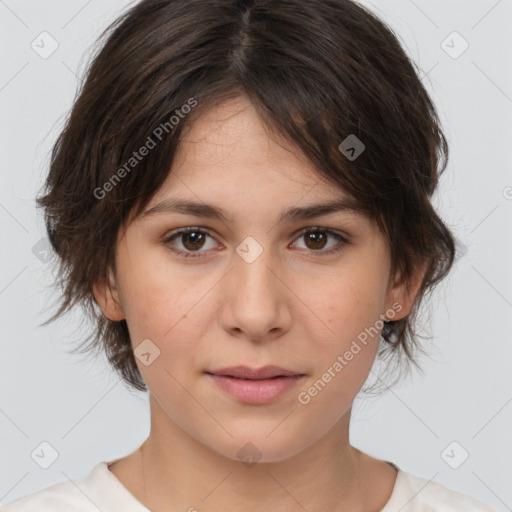 Neutral white young-adult female with medium  brown hair and brown eyes