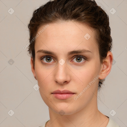 Neutral white young-adult female with short  brown hair and brown eyes