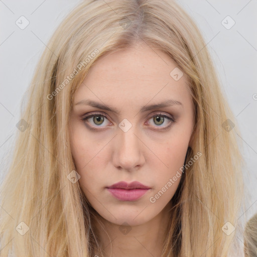 Neutral white young-adult female with long  brown hair and brown eyes